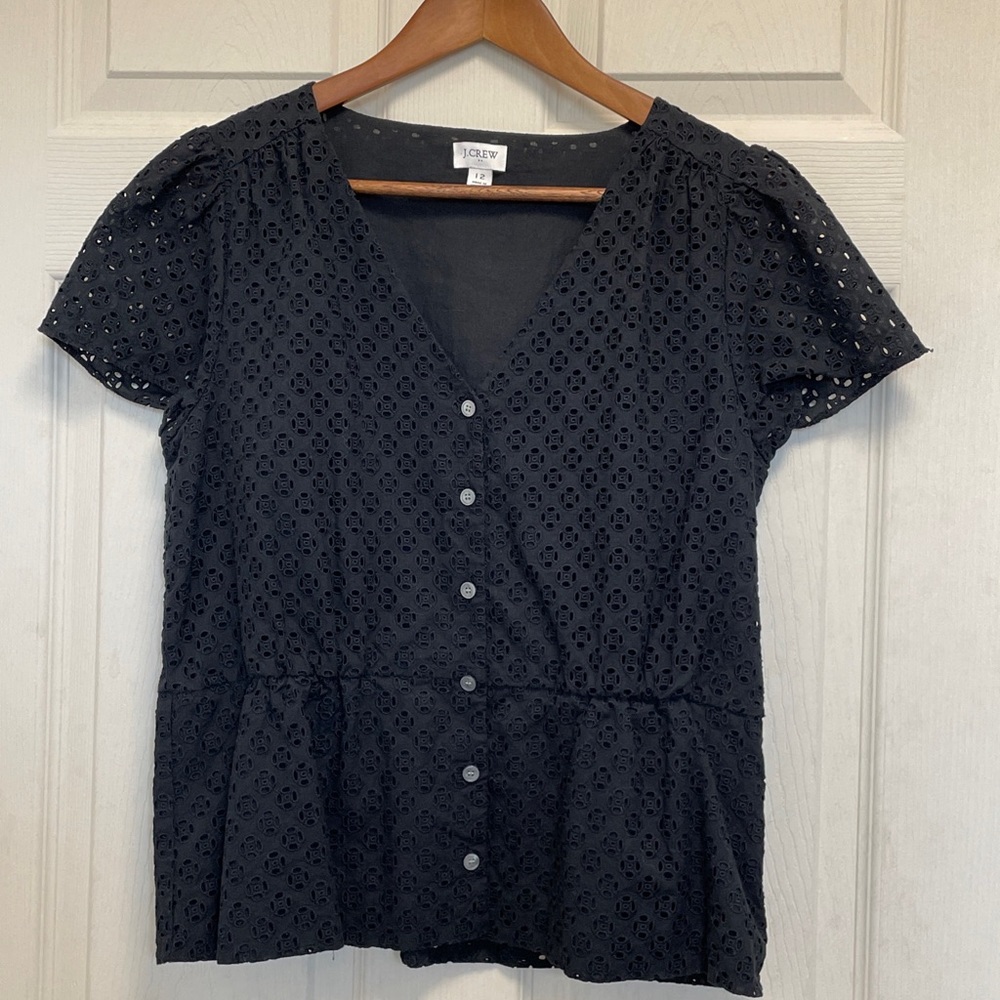 J. Crew Eyelet Peplum Short Sleeve Top Black Sz 12